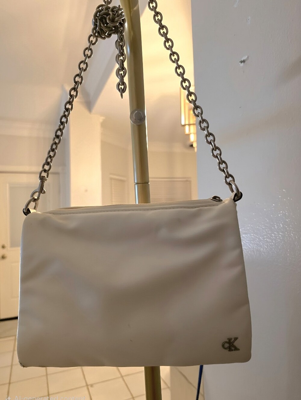 Calvin Klein Cream Shoulder Bag with Chain Strap and CK Logo Accent